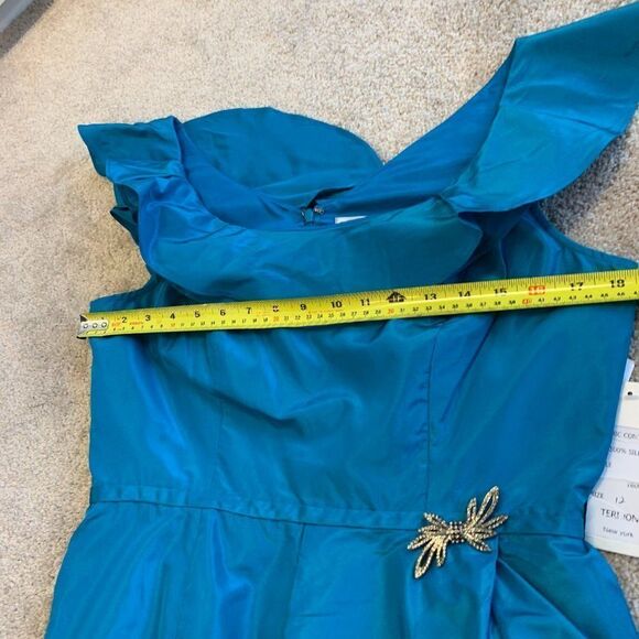 NWT Rickie Freeman For Teri Jon blue ruffle frill neck silk dress Sz 12 NWT - Picture 8 of 10